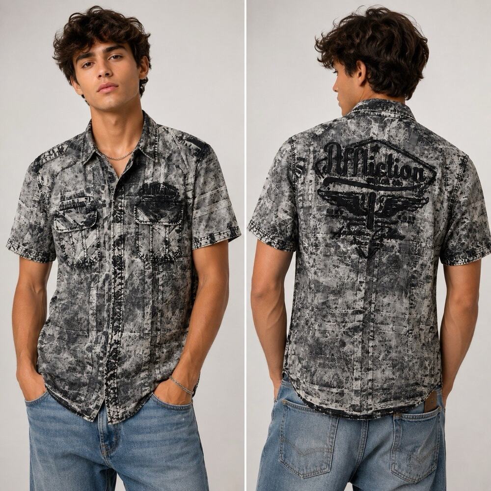Affliction Black Premium Men’s Large Distressed Graphic Short Sleeve Shirt Biker